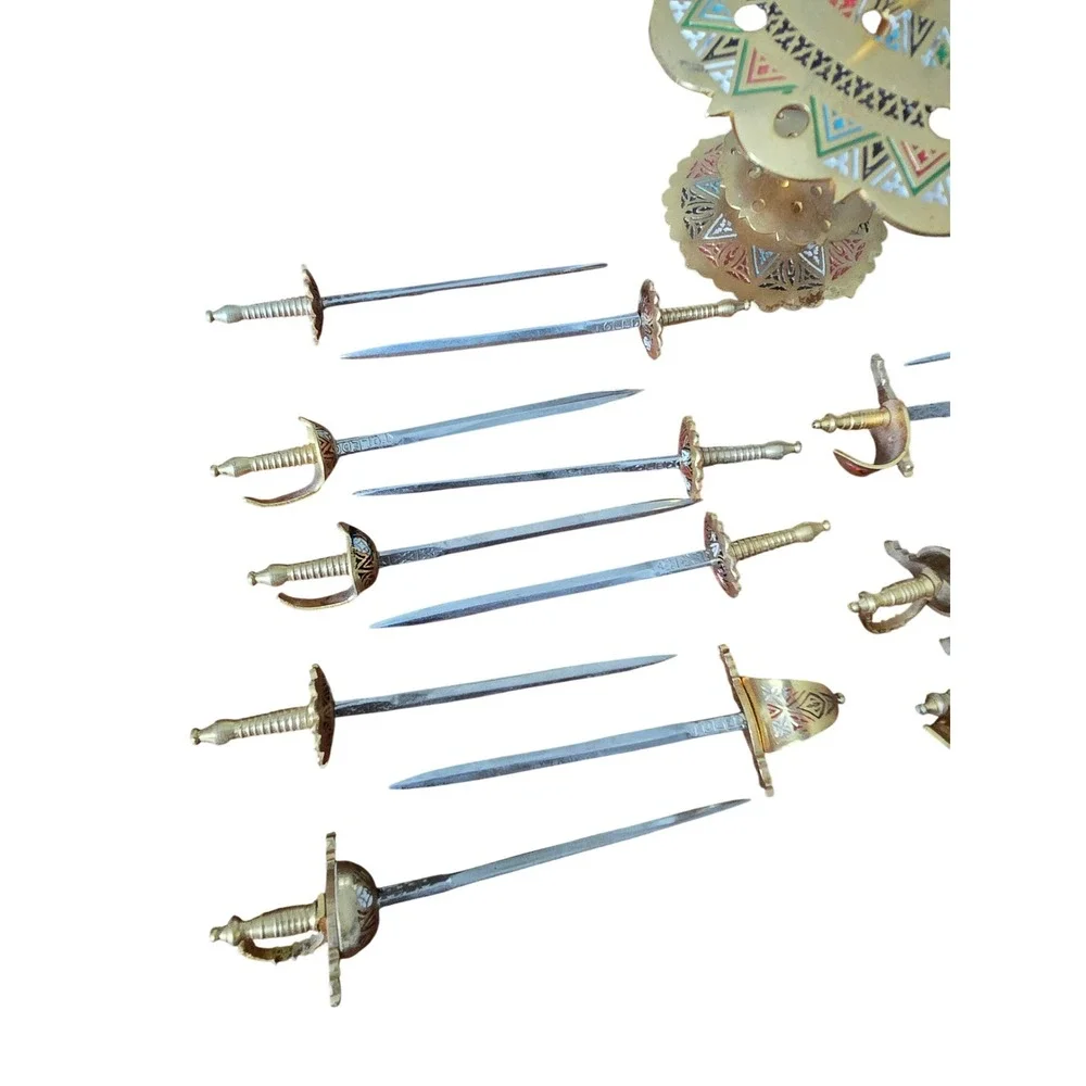 Vintage Toledo Spain Miniature Sword Cocktail Pick Set with Enameled Brass Stand - Picture 3 of 16
